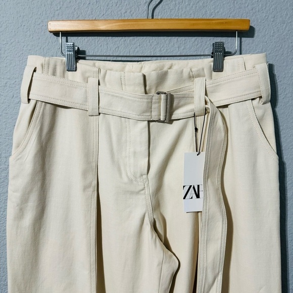 Zara Women Oyster White Bloggers Fav High-Rise Belted Cotton Loose Pants Sz L - Picture 8 of 15